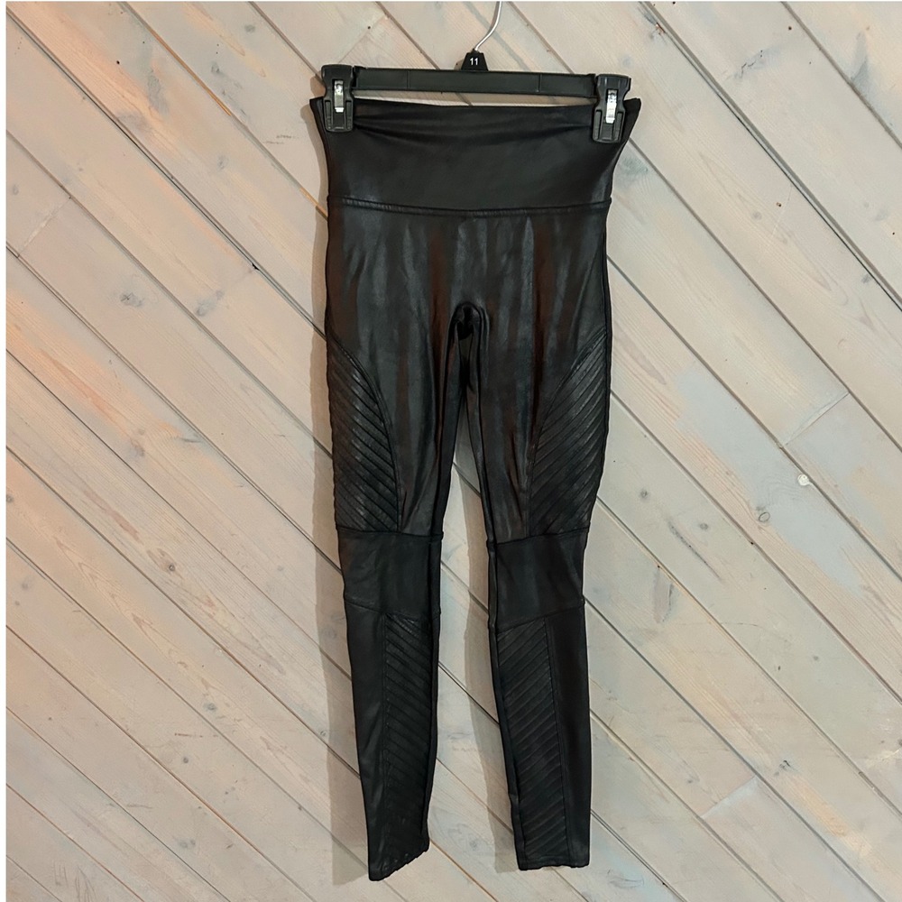 Spanx Black Faux Leather Moto Biker Leggings‎ High Waist Paneled Stretchy Pants